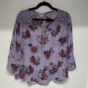 Self Esteem Lavender Floral Semi Sheer Blouse with Bell Sleeves